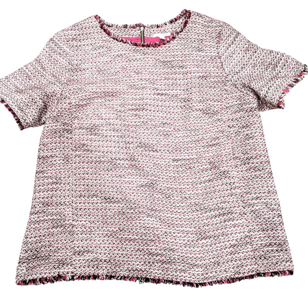 HALOGEN XL Pink Tweed Fringe Short Sleeve Top Back Zip Preppy Office Old Money